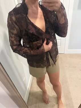 Sheer Floral Lace Button-Front Women's Top in Dark Brown
